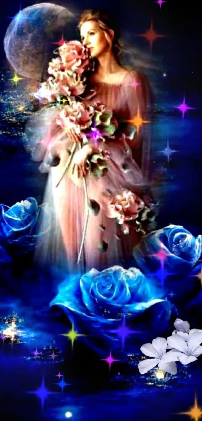 Ethereal woman with blue roses and moonlit background.