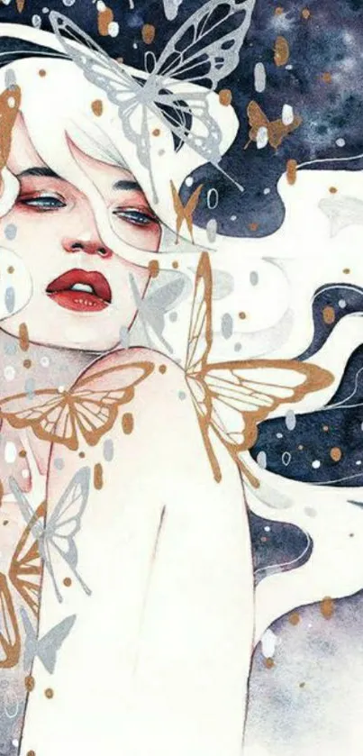 Ethereal woman with butterflies in galaxy backdrop.