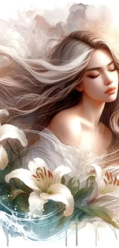 Ethereal woman with flowing hair surrounded by blooming lilies.