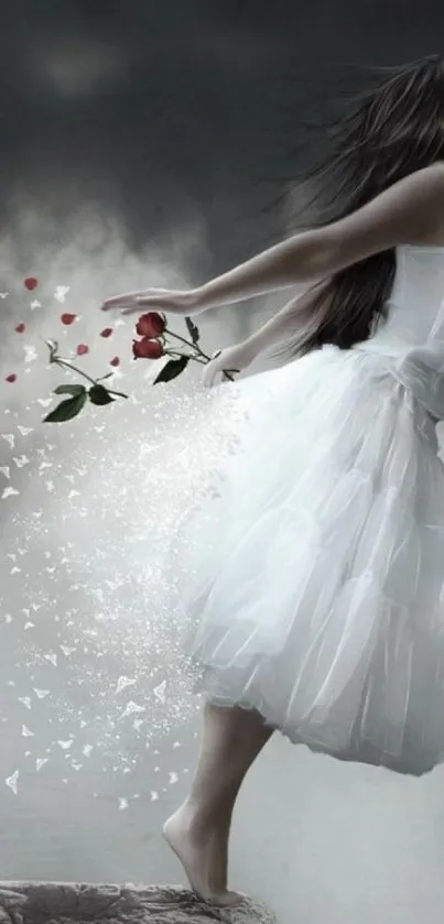 Woman in white dress standing on a cliff with red roses.