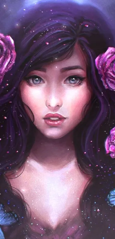 Ethereal woman with roses and butterflies on a mystical purple backdrop.