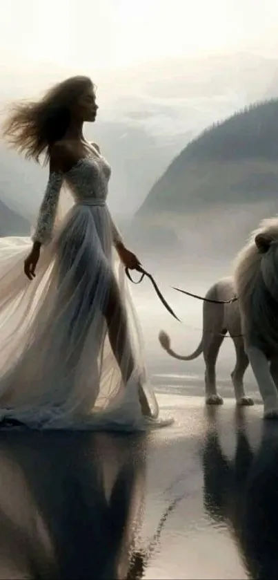 Woman in flowing dress with white lion by mountains.