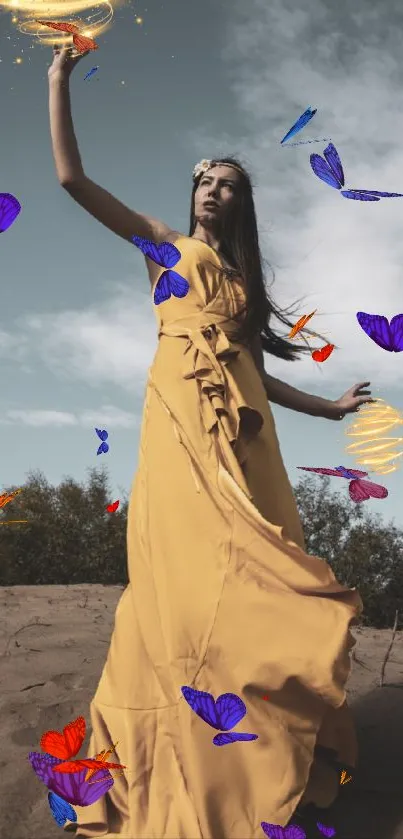 Woman in yellow dress with butterflies and orbs in fantasy scene.