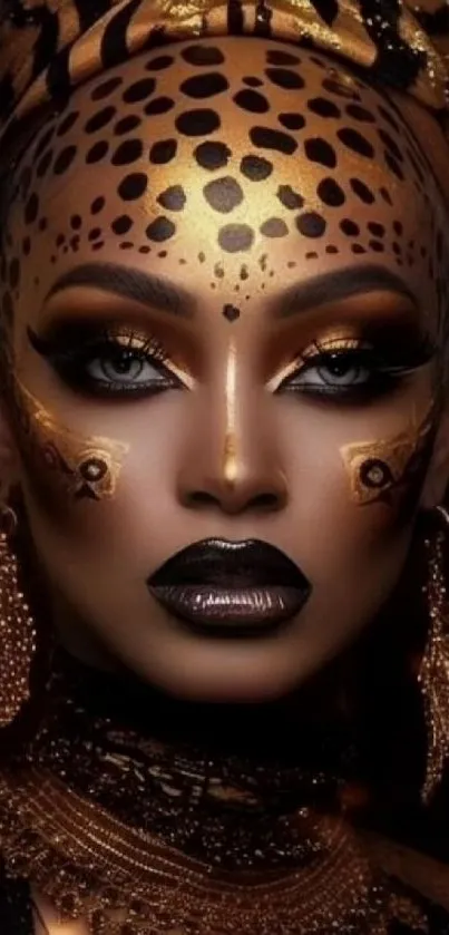 Striking ethnic makeup design with golden accents on a woman's face.