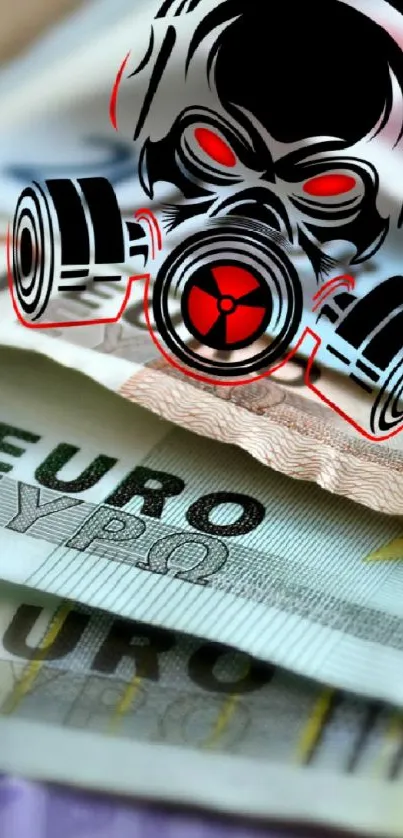 Euro notes with a gas mask design overlay.