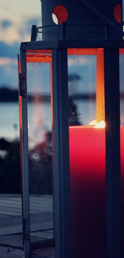 Serene evening lakeside with glowing candle lantern.