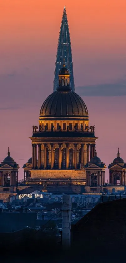 Majestic dome under a sunset sky in city.