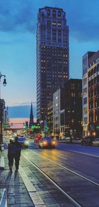 Twilight city street view with buildings and lights.