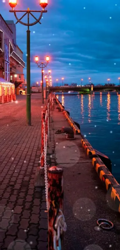 Serene evening at a harbor with glowing lights and a vibrant sky.