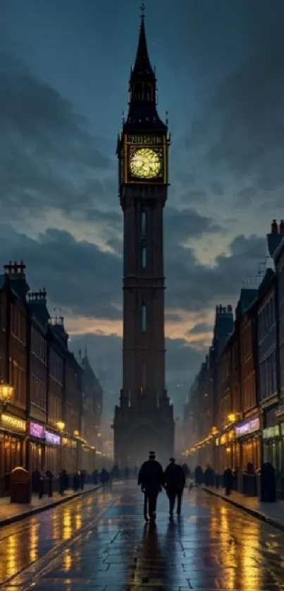 Silhouetted figures walk beneath a night sky by a towering clock on a lit street.