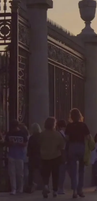 Evening crowd walking near decorative gate at sunset.