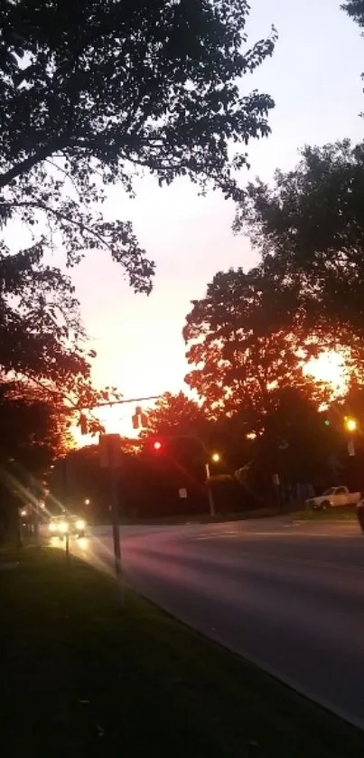 Urban road at sunset, silhouetted trees, and vibrant evening sky.