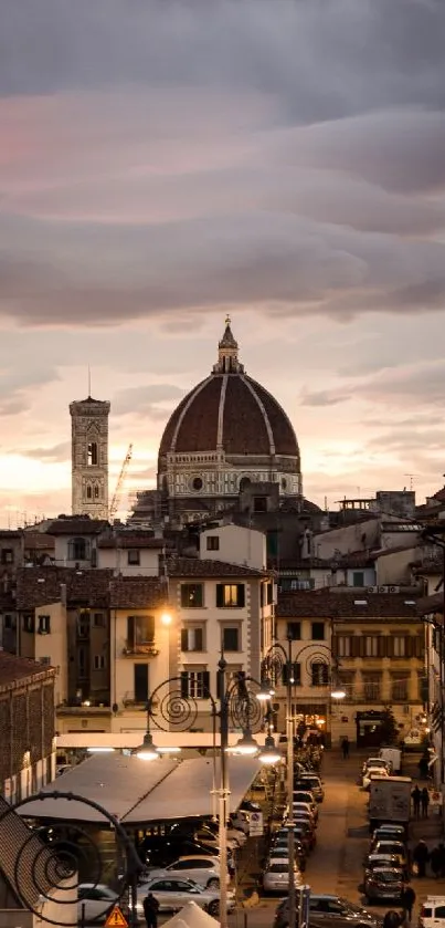 Beautiful Florence cityscape at sunset with iconic architecture and warm sky.