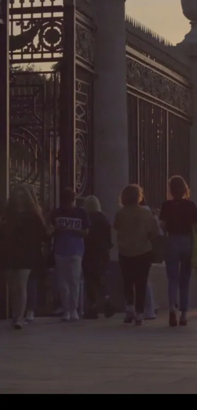 People walking past a decorative gate at sunset.