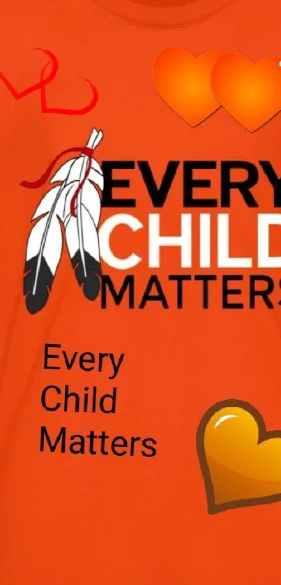 Orange 'Every Child Matters' design with hearts and feathers image.