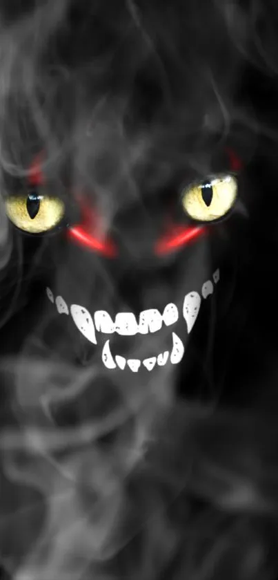 Evil smiling face with glowing red eyes in dark.