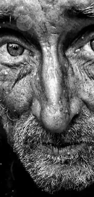Black and white close-up portrait of an elderly man with deep expression.