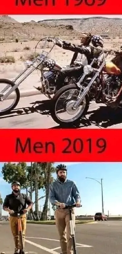 Split image of bikers from 1969 and 2019 against a red background.