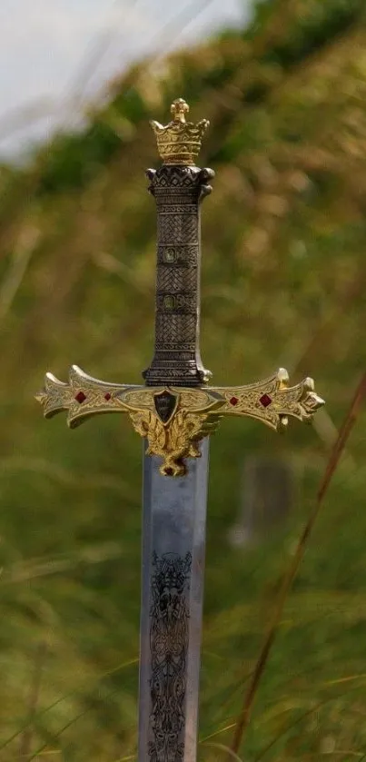 Ornate Excalibur sword standing in lush, green landscape.