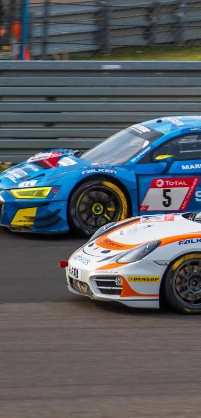 Two sports cars racing on a track, showcasing speed and excitement in vibrant colors.