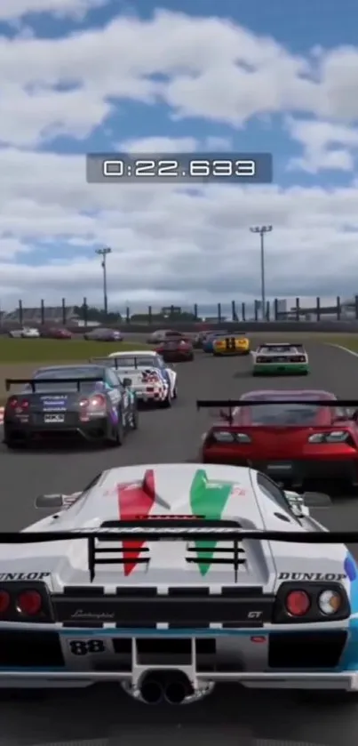 Exciting race car wallpaper on a track with blue sky.