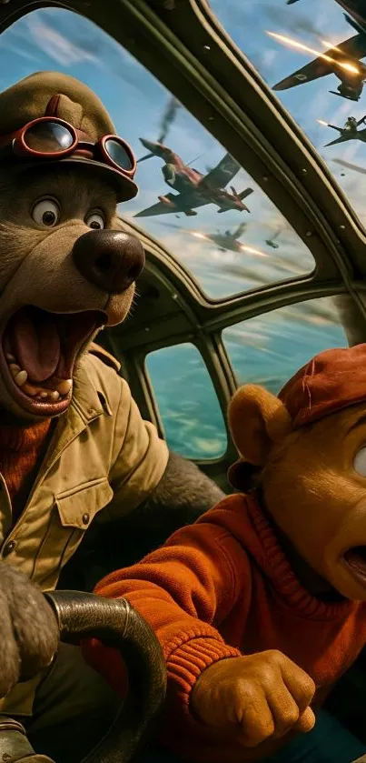 Cartoon animals piloting a plane in the sky.