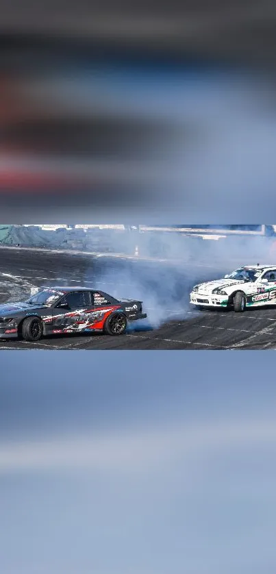 Dynamic wallpaper of two cars drifting on a racetrack with smoke.