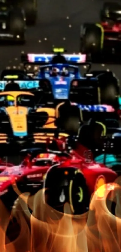 Dynamic Formula 1 race cars speeding down the track in colorful pursuit.