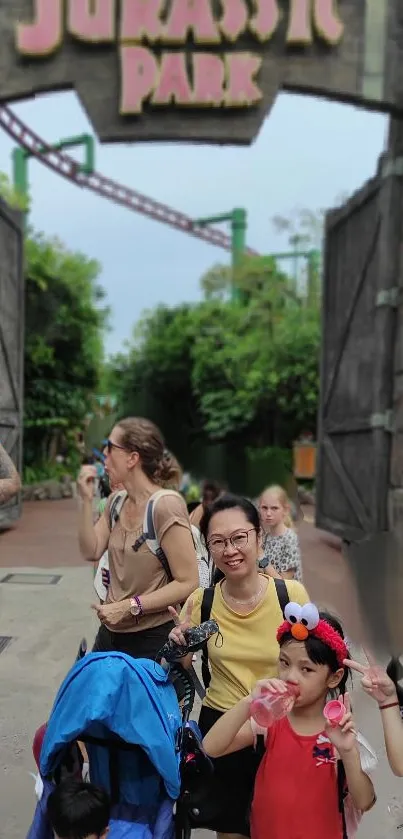 Family enjoying Jurassic Park theme park adventure.