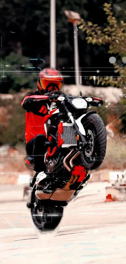 Motorcycle performing a thrilling front wheelie stunt, featuring vibrant red accents.