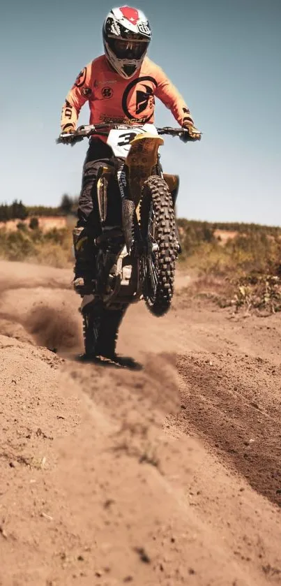 Rider on dirt bike performing jump on rugged terrain.