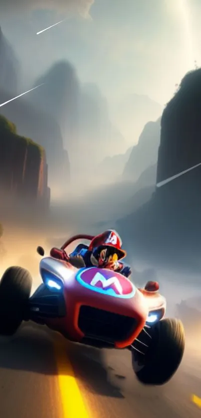 Racecar speeding through scenic canyon landscape wallpaper.