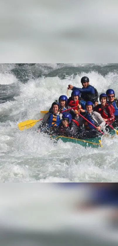 Group of people rafting through rapid waters wearing helmets and life jackets.