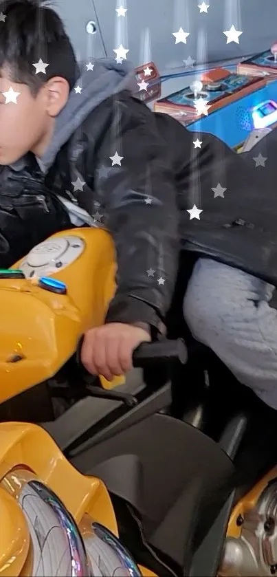 Child on an arcade ride with a yellow motorbike and star effects.