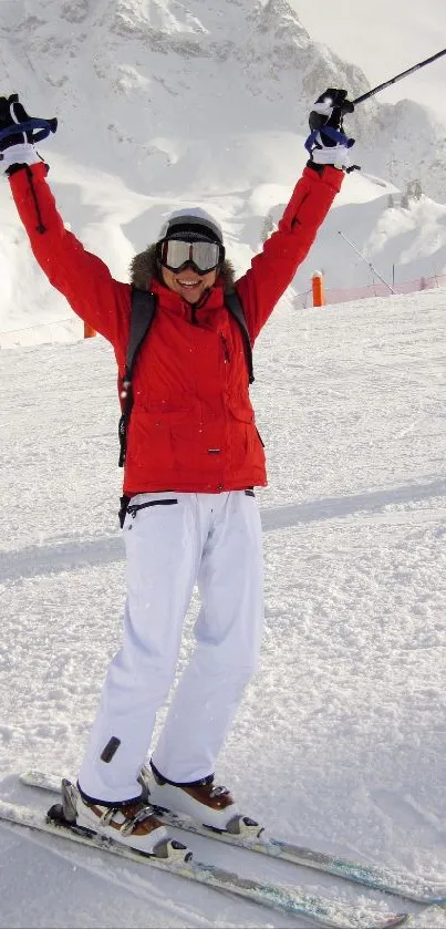 Skier in red jacket enjoying a snowy mountain adventure.