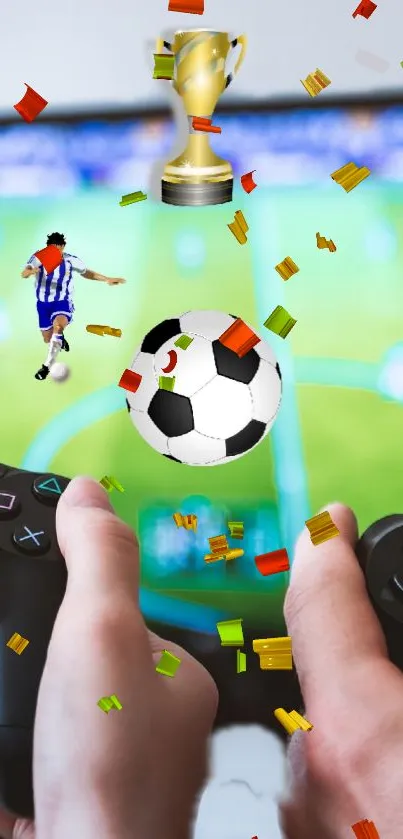 Soccer gaming wallpaper with controller and trophy, vibrant and dynamic design.