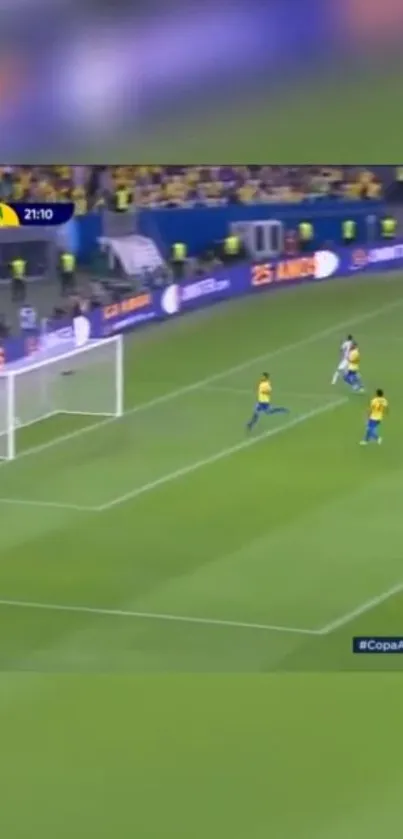 Dramatic soccer moment with Brazil team near goalpost in an exciting match setting.