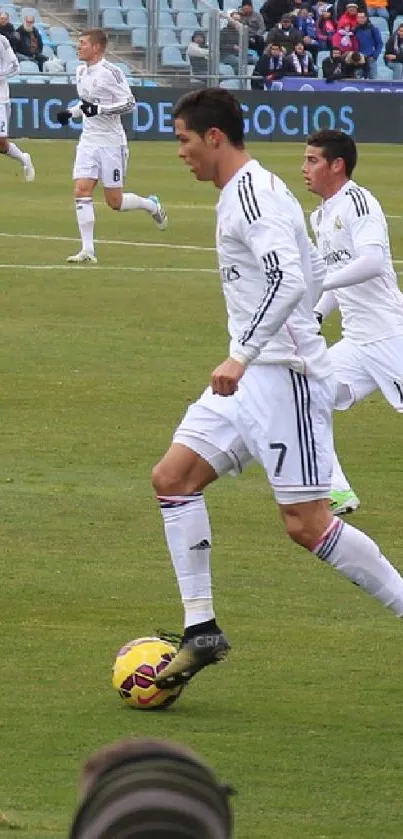 Soccer players in action during an intense match on the green field.