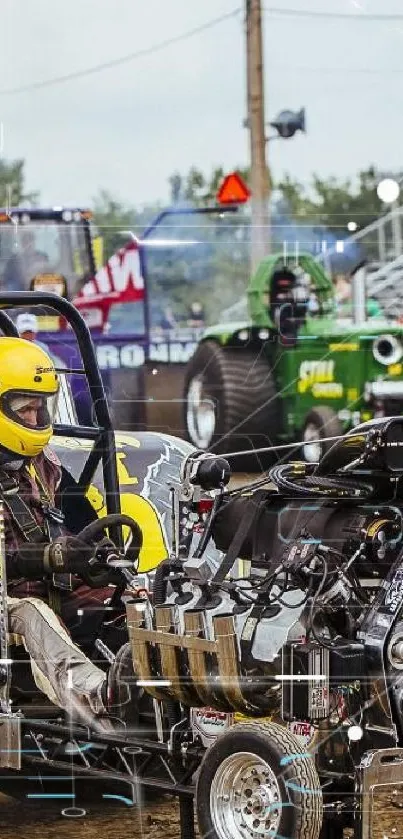 Tractor pull event with powerful engine on dirt track in front of cheering crowd.