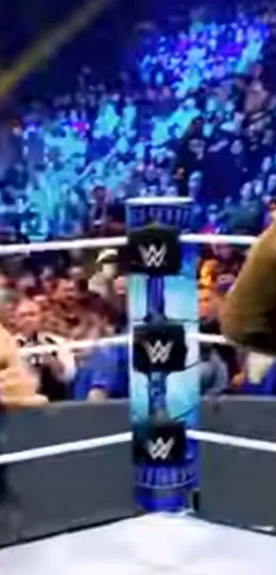 WWE action in the ring with a lively crowd.