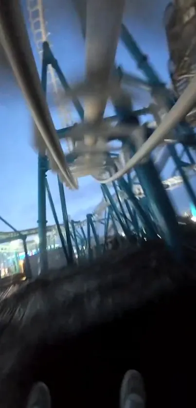 Blue and grey roller coaster ride with dynamic motion.