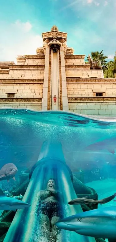 Mobile wallpaper of a water slide with sharks and a temple.