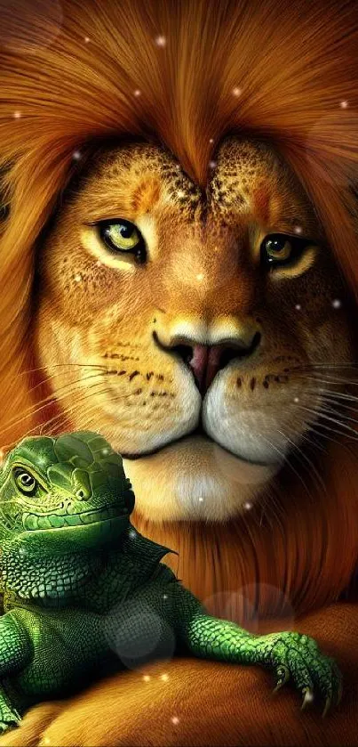 Lion, squirrel, and iguana in striking mobile wallpaper.