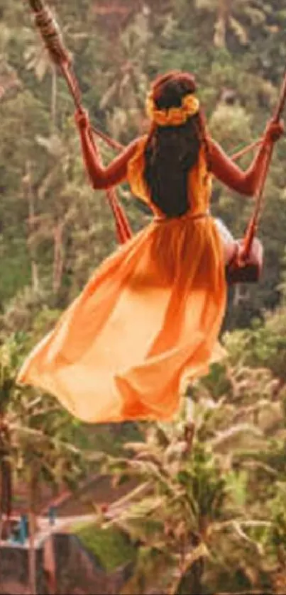 Woman on swing above lush Bali jungle, embracing adventure.