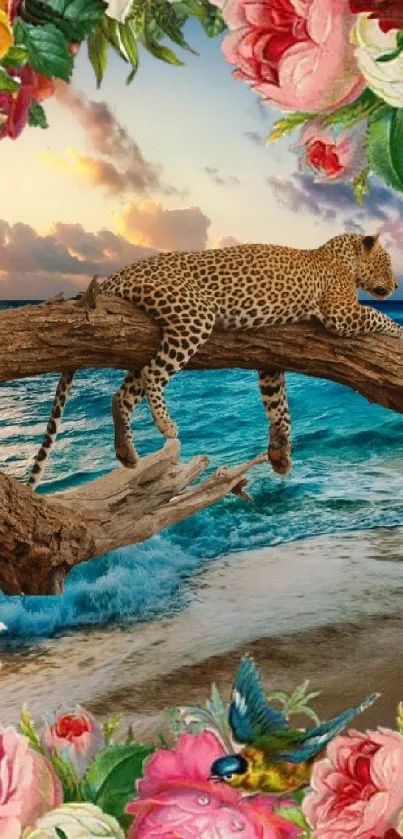 Cheetah on a branch with a beach sunset and colorful flowers backdrop.