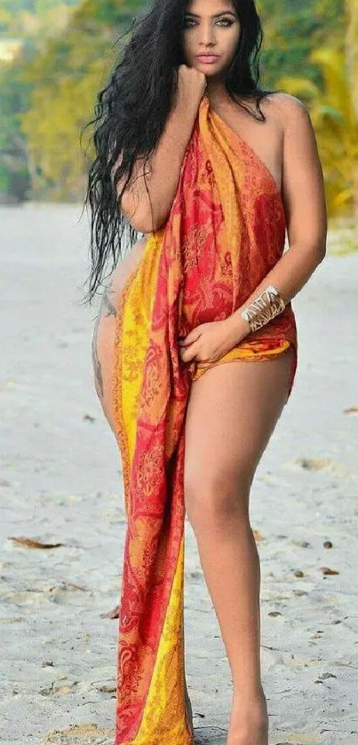 Exotic woman on a tropical beach with orange attire.