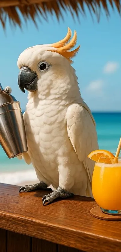 Tropical parrot holding cocktail shaker on beach.