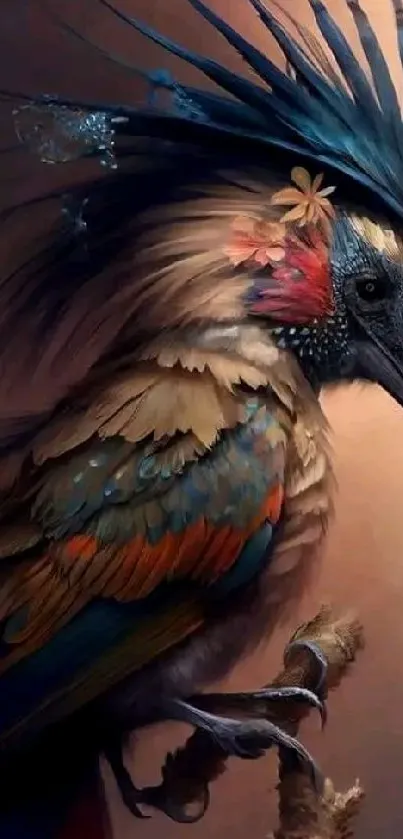 Exotic bird with vibrant plumage on a mobile wallpaper background.