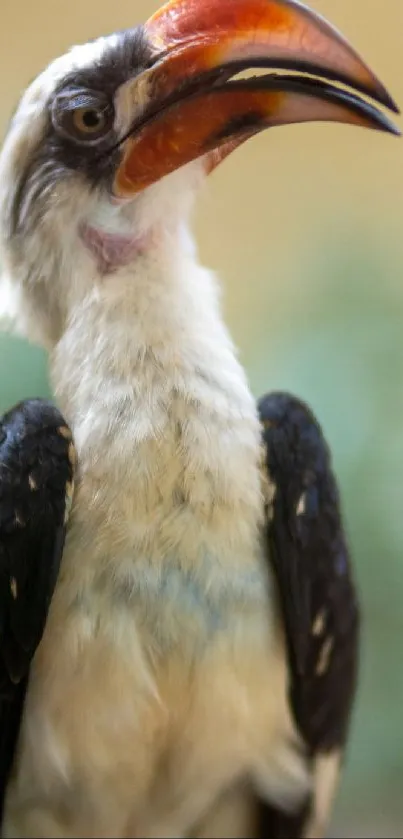 Close-up of an exotic bird with vibrant feathers and a striking colorful beak.