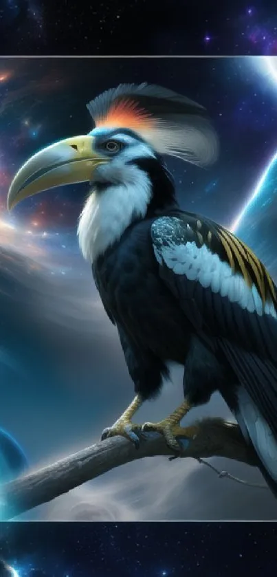 Illustrated hornbill set against a cosmic galaxy-themed background.